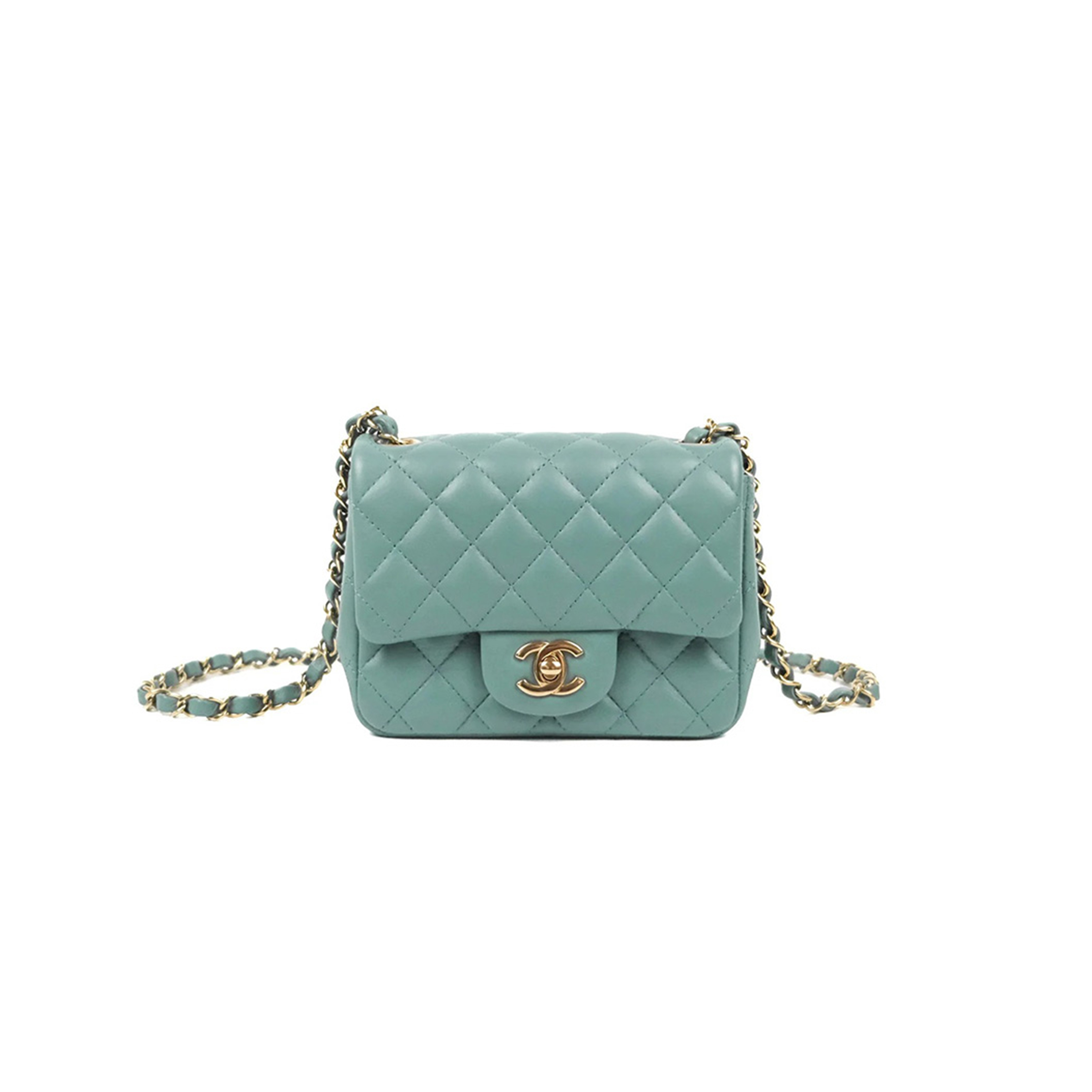 CHANEL QUILTED MINI SQUARE FLAP LIGHT TEAL BLUE LAMBSKIN GOLD HARDWARE (17*13*7cm)